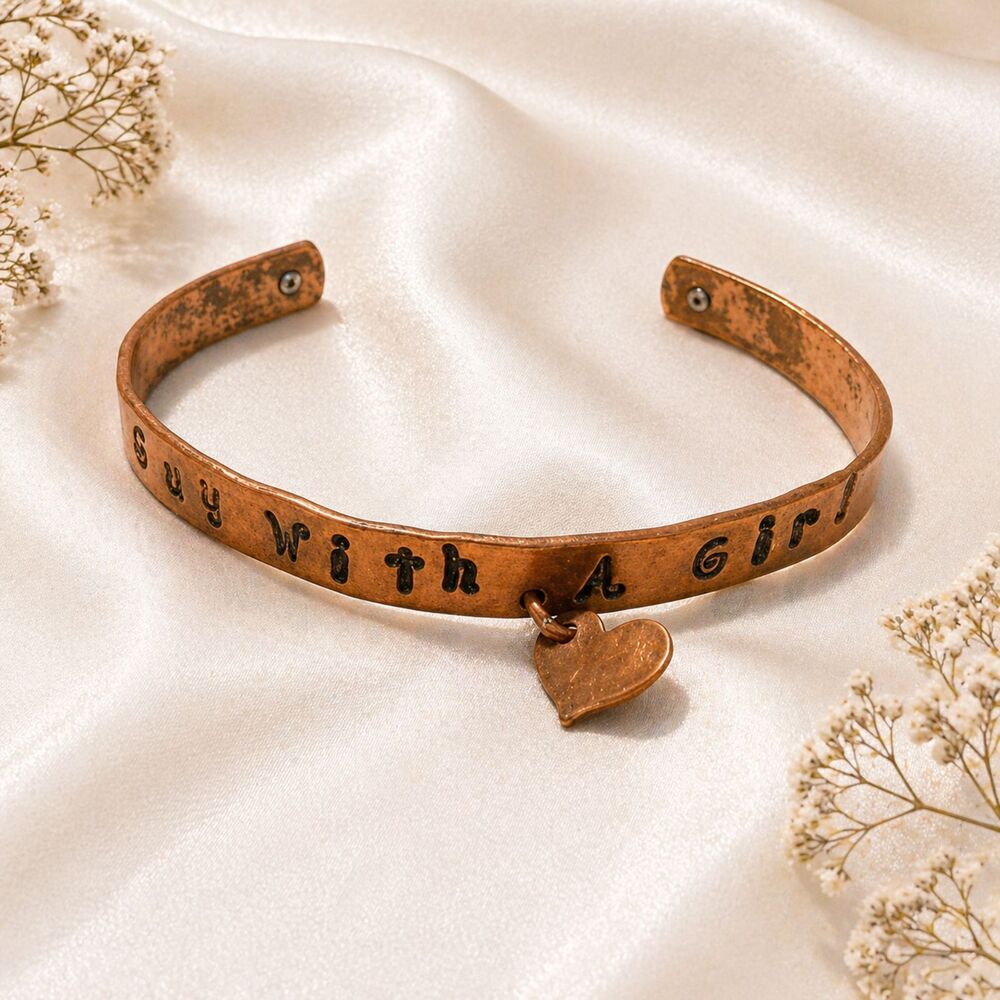 Copper Embossed A Guy and a Girl Cuff Bracelet Heart Charm